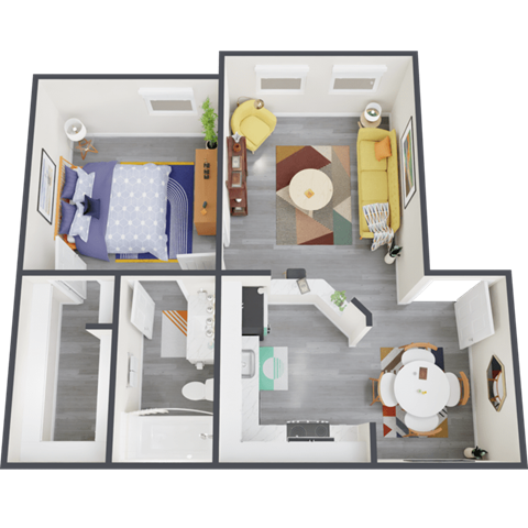 Floor plan for 1 bed, 1 bath, 523 sqft